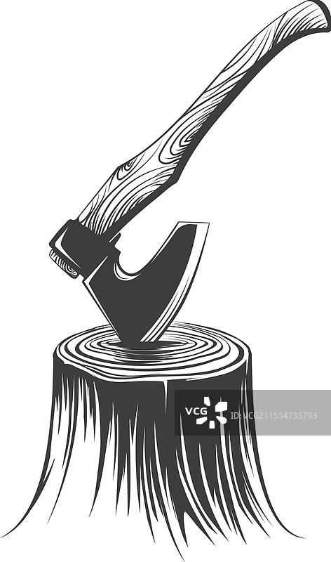 伐木工的斧头卡在树桩上图片素材