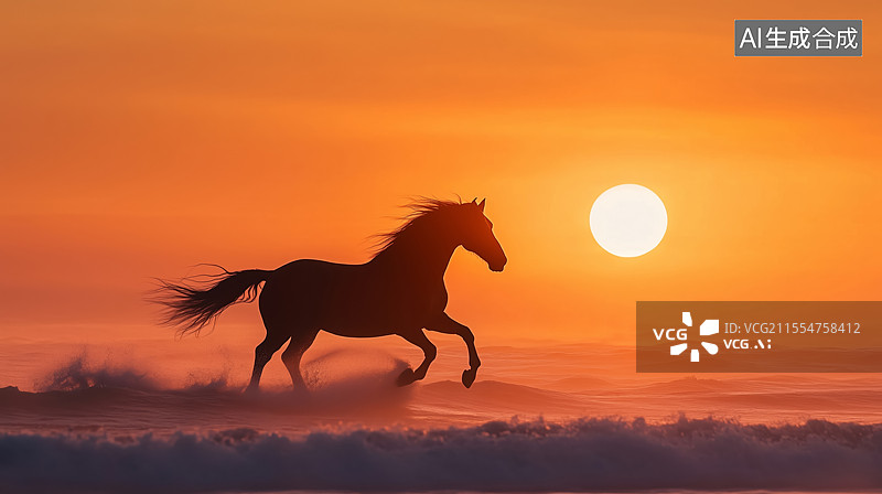 【AI数字艺术】奔腾骏马逐日剪影图片素材