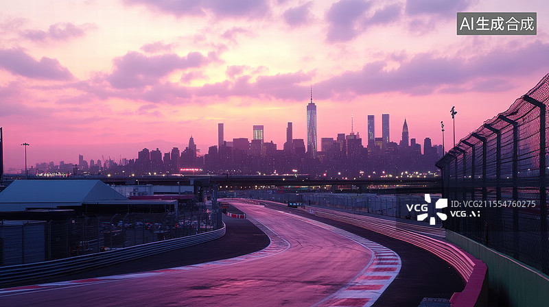 【AI数字艺术】一条蜿蜒的赛车赛道，背景是城市的天际线。夕阳西下，天空呈现出绚丽的橙色和紫色渐变。图片素材
