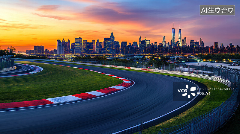 【AI数字艺术】一条蜿蜒的赛车赛道，背景是城市的天际线。夕阳西下，天空呈现出绚丽的橙色和紫色渐变。图片素材