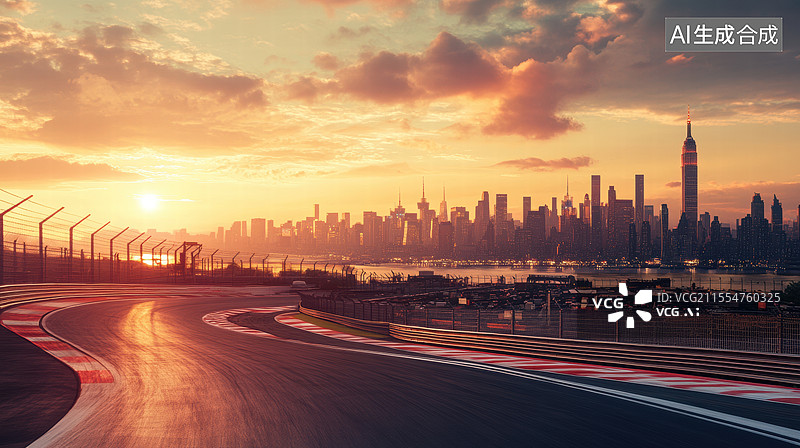 【AI数字艺术】一条蜿蜒的赛车赛道，背景是城市的天际线。夕阳西下，天空呈现出绚丽的橙色和紫色渐变。图片素材