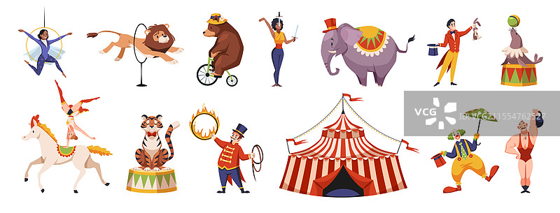 卡通马戏团动物和搞笑艺人图片素材