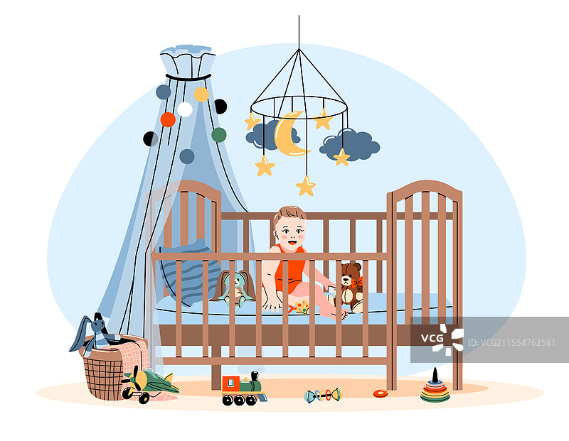 婴儿坐在婴儿床里，幼儿园室内环境图片素材