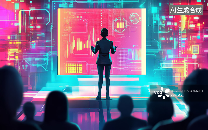 【AI数字艺术】在显示屏前演讲的人图片素材