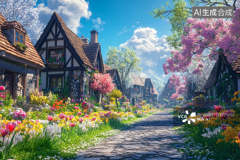 【AI数字艺术】石板路两旁的房屋，与路边盛开的鲜花图片素材