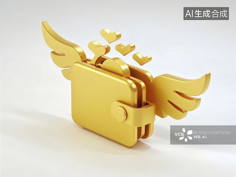 【AI数字艺术】金色翅膀钱包与爱心图标图片素材