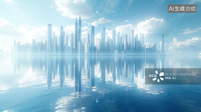 【AI数字艺术】抽象的现代城市和水面倒影图片素材