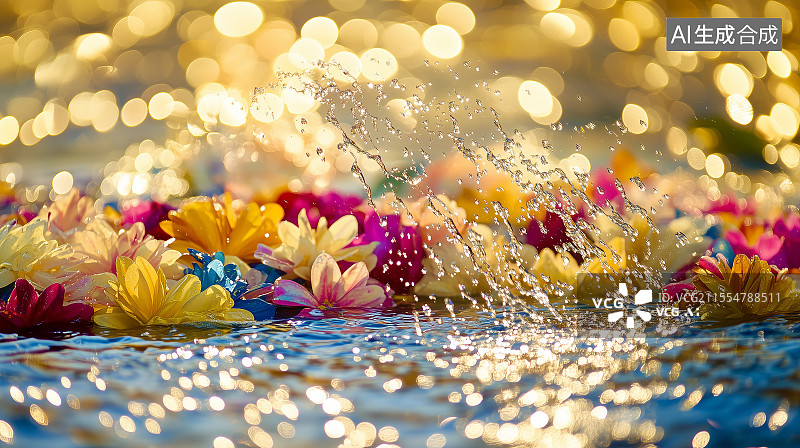 【AI数字艺术】泰国泼水节期间色彩鲜艳的花环特写，水珠流淌，温暖阳光反射，还有模糊热闹的蓝金色背景营造出欢乐且清新的图片素材