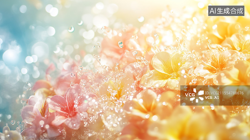 【AI数字艺术】泰国泼水节期间色彩鲜艳的花环特写，水珠流淌，温暖阳光反射，还有模糊热闹的蓝金色背景营造出欢乐且清新的图片素材