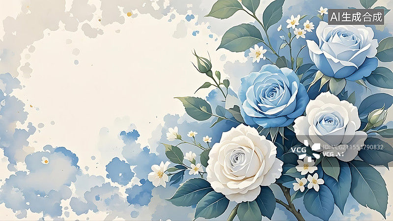 【AI数字艺术】蓝白色玫瑰花水彩淡彩复古风格背景图图片素材