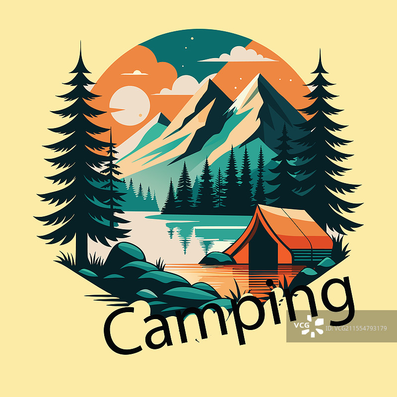 风景如画的露营，背景是山脉和湖泊图片素材