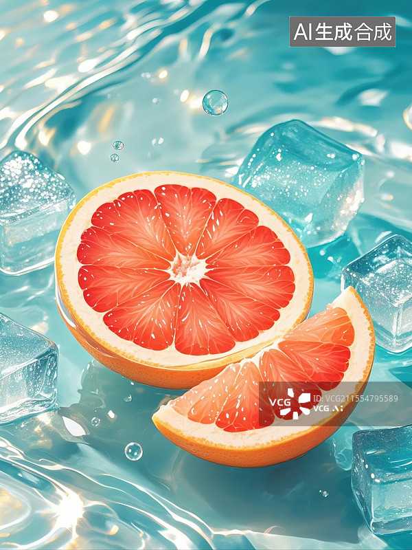 【AI数字艺术】冰爽水中的西柚切片图片素材
