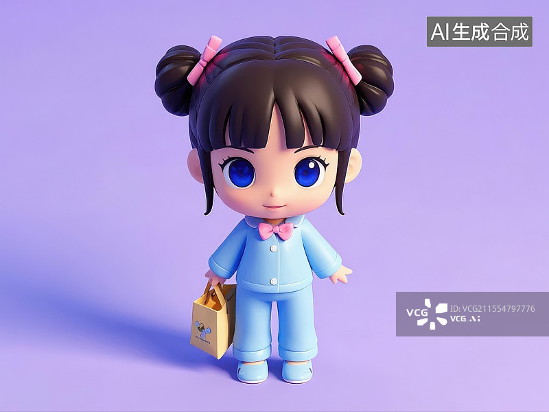 【AI数字艺术】3D 建模的双马尾蓝衣萌系女孩形象图片素材