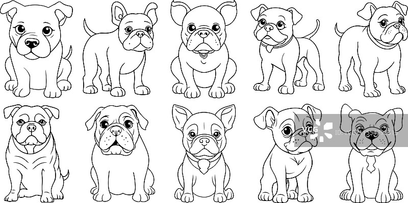 可爱的斗牛犬捆绑黑色线条艺术手绘狗狗图片素材