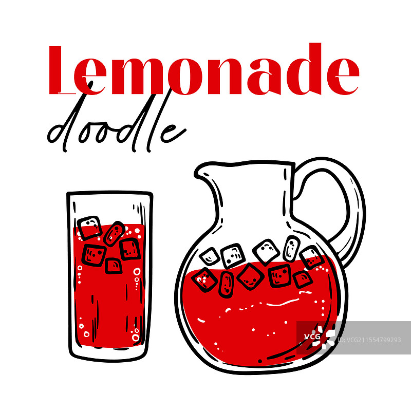 红色柠檬水的涂鸦，装在一个水壶和一个玻璃杯里图片素材