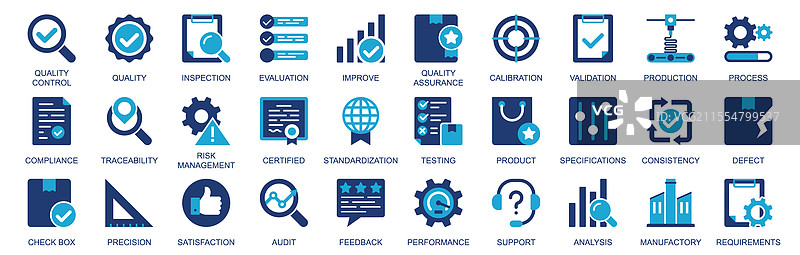 平面双色实心质量控制图标集图片素材