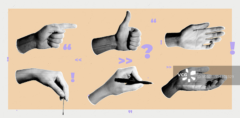 复古波普艺术风格的手部半色调图像集图片素材