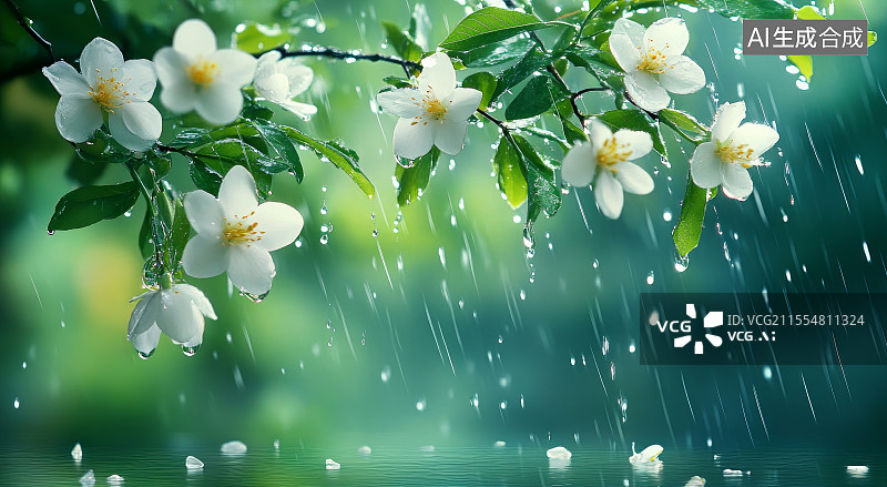 【AI数字艺术】雨中绽放的白色花朵图片素材