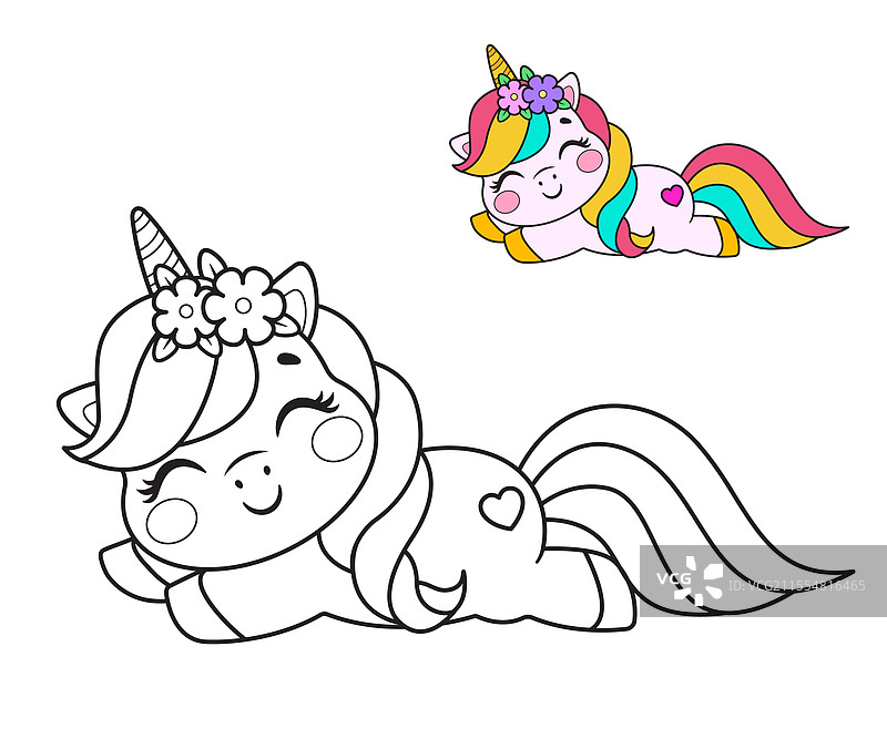 可爱的睡觉独角兽涂色页图片素材