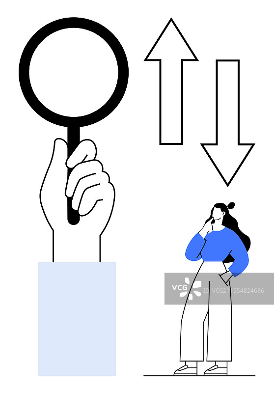 放大镜和箭头与沉思的人图片素材