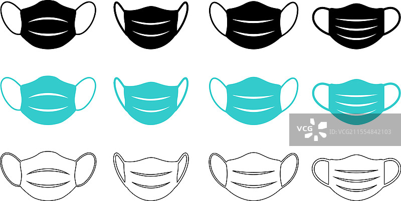 医用口罩图标集，包含填色和轮廓设计图片素材