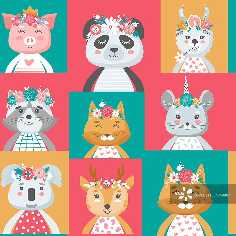 可爱的动物无缝图案：熊猫、猫和鹿图片素材