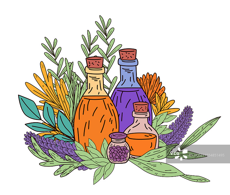 精油瓶被鲜艳的草药环绕图片素材