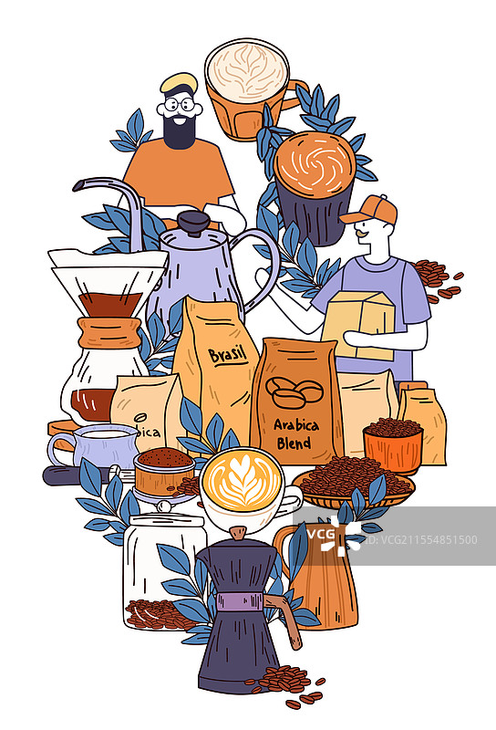 咖啡冲泡过程、咖啡师工具和咖啡豆图片素材