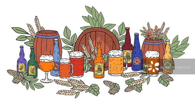 啤酒瓶和麦杯，搭配啤酒花和小麦，木质背景图片素材