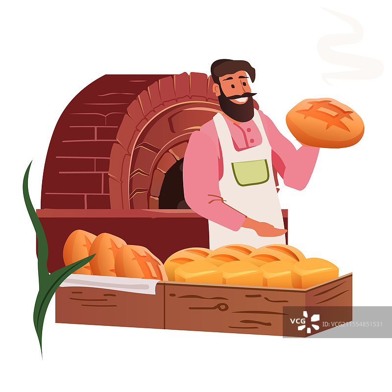 微笑着的面包师傅手持新鲜面包，乡村风格的面包店图片素材