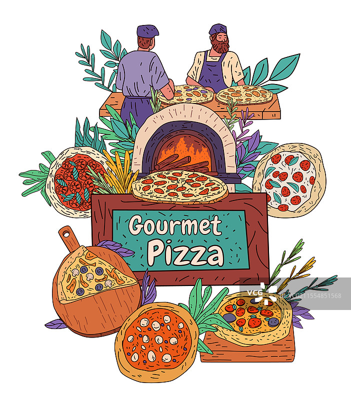 gourmet pizza chefs baking wood-fired pizzas图片素材