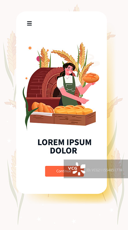 面包师在小麦主题的面包店旁边拿着面包靠近烤箱图片素材
