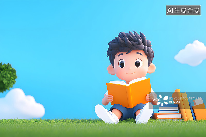 【AI数字艺术】六一儿童节少儿学生户外学习看书扁平插画图片素材