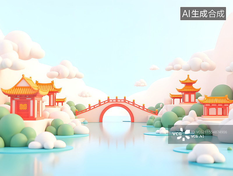 【AI数字艺术】中国传统建筑文化古城的3D渲染图片素材