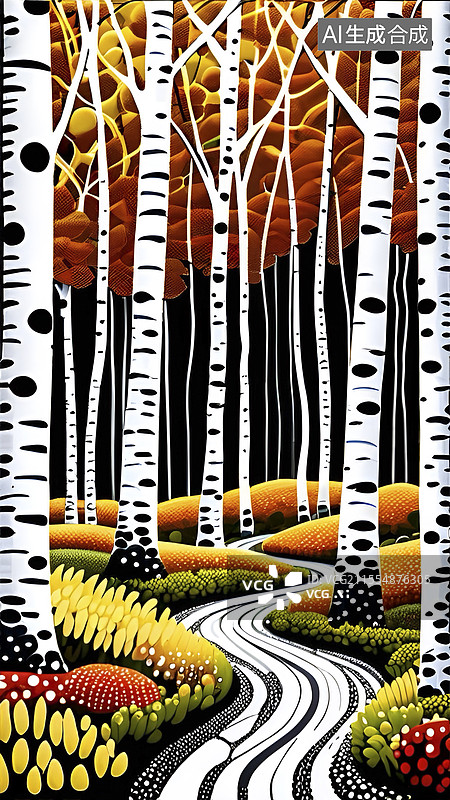 【AI数字艺术】点彩画秋天的白桦林图片素材