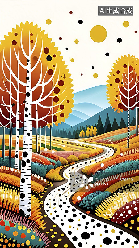 【AI数字艺术】点彩画秋天的白桦林图片素材