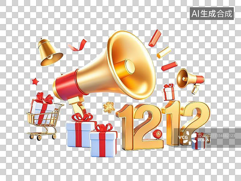 【AI数字艺术】一个促销系列金属色镭射喇叭和背景是12.12的金色数字和购物车装着金色和红色的礼物盒图片素材