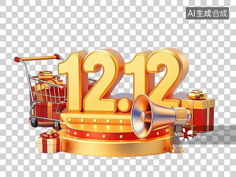 【AI数字艺术】一个促销系列金属色镭射喇叭和背景是12.12的金色数字和购物车装着金色和红色的礼物盒图片素材
