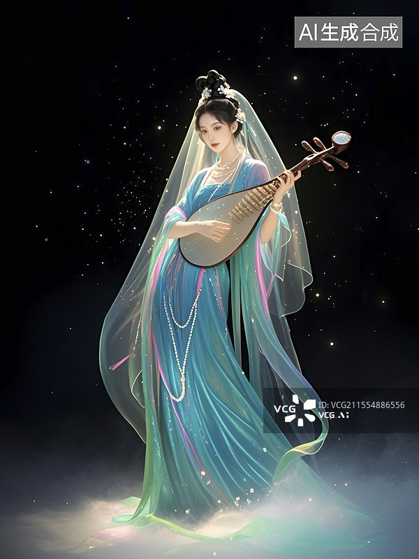 【AI数字艺术】穿着汉服的年轻女子在舞台上弹琵琶图片素材