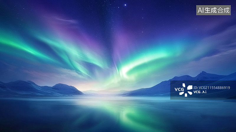 【AI数字艺术】夜晚湖面上的北极光图片素材