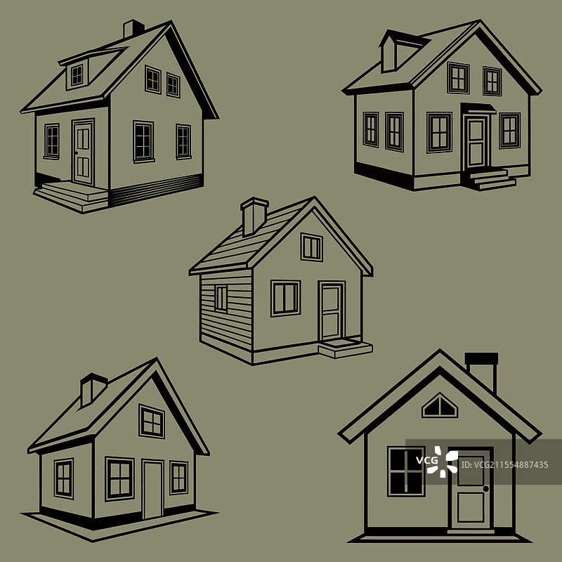 橄榄绿色背景上的简单黑白房子图片素材