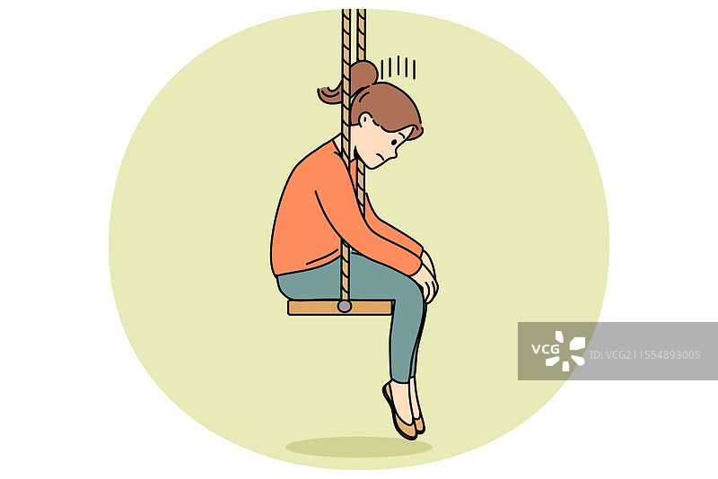 沮丧的小女孩低着头坐在秋千上图片素材