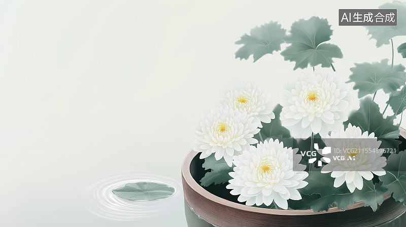 【AI数字艺术】木盆晒菊国风水墨 背景 居右图片素材