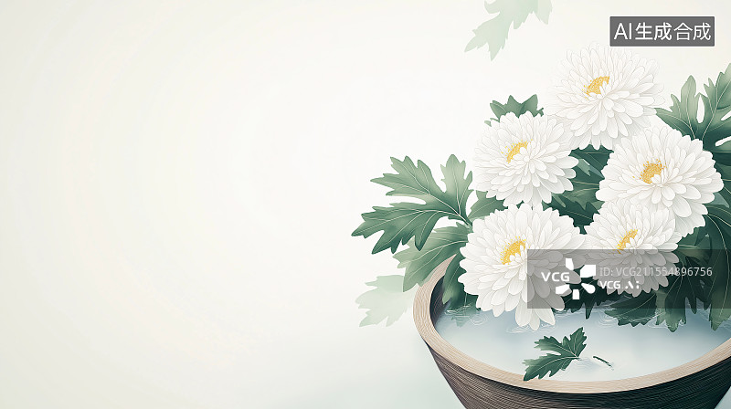 【AI数字艺术】木盆晒菊国风水墨 背景 居右图片素材