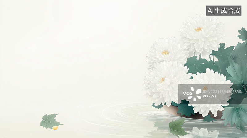 【AI数字艺术】木盆晒菊国风水墨 背景 居右图片素材