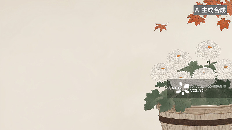 【AI数字艺术】木盆晒菊国风水墨 背景 居右图片素材