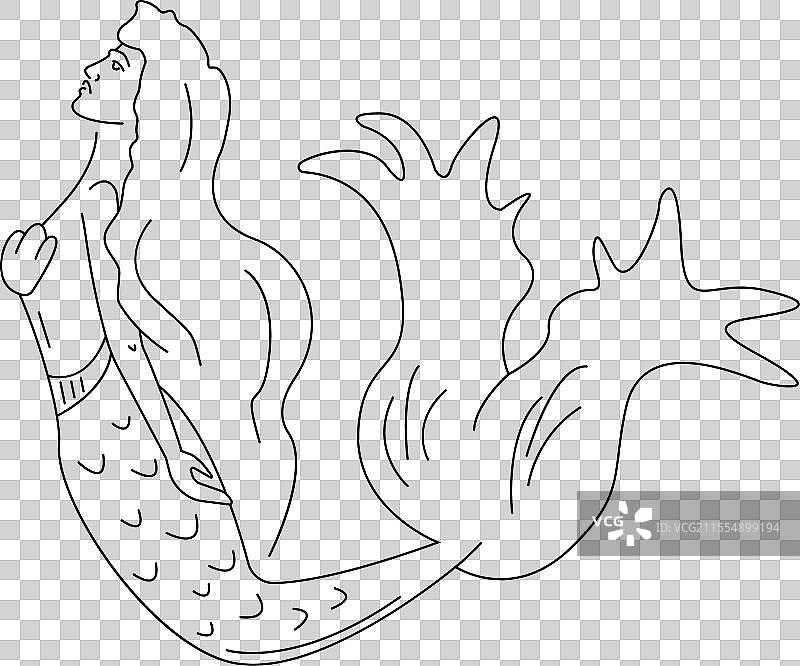 可爱的卡通美人鱼，线条风格独立图案图片素材