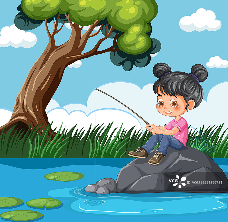 一个孩子在池塘边的岩石上钓鱼图片素材