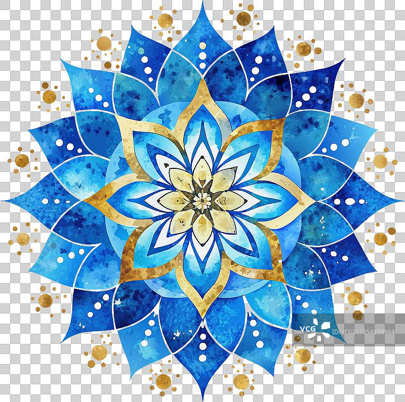 蓝色和金色的曼陀罗，背景为白色图片素材