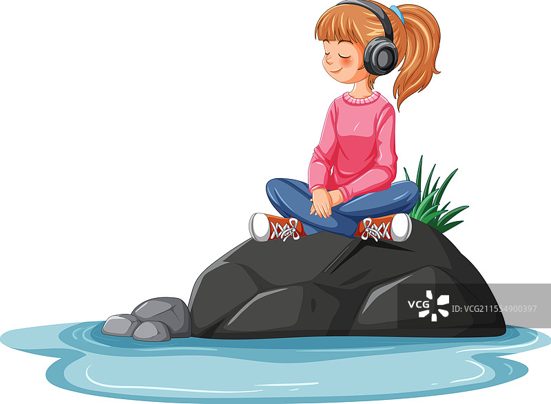 年轻女孩在水边的岩石上放松图片素材